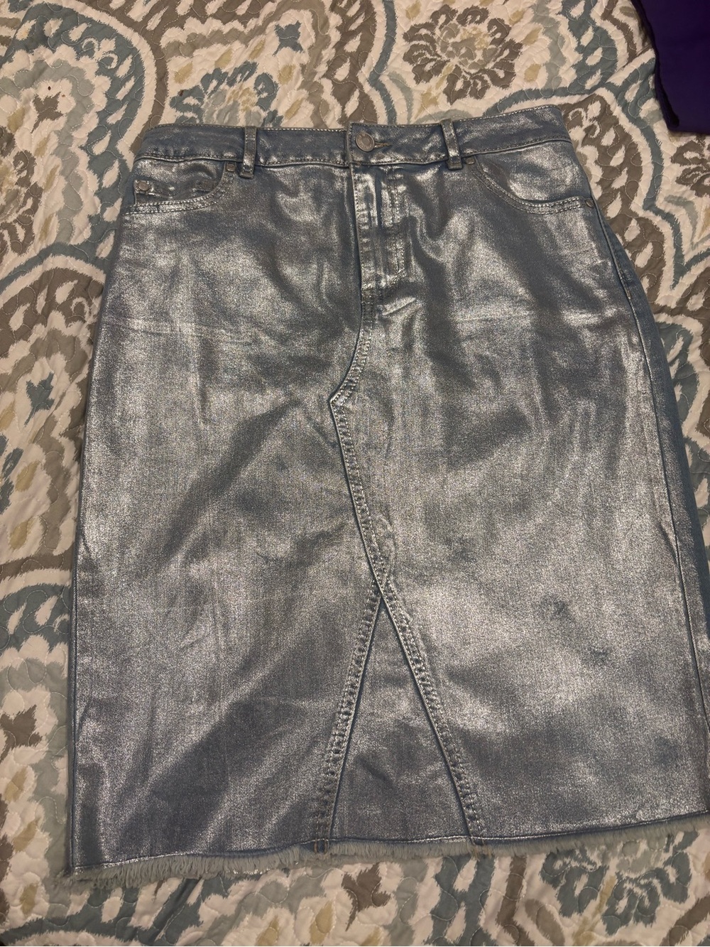 Metallic Silver Pencil Skirt with Front Slit